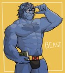 2021 abs anthro barazoku beast_(marvel) better_version_at_source big_muscles biped book bulge canid canine cel_shading character_name claws clothing digital_media_(artwork) english_text eyewear glasses hair hi_res holding_object irreplaceable_bvas jrjresq male mammal marvel muscular muscular_anthro muscular_male navel pecs pinup portrait pose shaded simple_background solo standing text thong three-quarter_portrait unavailable_at_source underwear x-men yellow_background