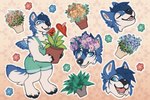 3:2 anthro arm_tuft black_nose black_pawpads blue_body blue_eyes blue_feathers blue_fur blue_hair canid clothed clothing elbow_tuft eyes_closed feathers female fur glistening glistening_eyes hair holding_object mammal open_mouth open_smile overalls pattern_clothing pawpads plant plant_pot potted_plant seraphictiger shoulder_tuft smile solo standing tala_(suntattoowolf) tuft white_body white_fur