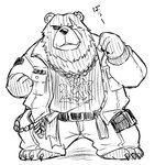 2024 anthro asian_clothing barefoot bear ben_bigger bottomwear chain_necklace clothing east_asian_clothing emufu eye_scar facial_scar feet hi_res jacket japanese_clothing jewelry kemono line_art male mammal mihoyo monochrome necklace overweight overweight_male pants scar shirt sketch solo topwear zenless_zone_zero