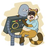 anthro bottomless bridal_carry brown_body brown_fur carrying_another clothed clothing das1lly duo fur grey_body hi_res male male/male mammal polo_shirt procyonid raccoon rascal_(robot_dreams) robot_(robot_dreams) robot_dreams shirt topwear