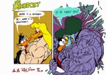 anatid anseriform avian beak big_muscles bird blonde_hair claws clothing daffy_duck duck duo english_text female flirting green_hair hair hi_res huge_muscles hyper hyper_muscles looking_at_another looney_tunes male male/female melissa_duck muscular muscular_arms purple_body redsilver simple_background surprise text transformation vein veiny_muscles warner_brothers