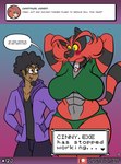 abs afro anthro beard bell big_breasts blush breasts cinny_the_incineroar clothing collar duo english_text eyewear facial_hair female generation_7_pokemon glasses hands_behind_head hoodie human incineroar male mammal muscular muscular_female new_years_day nintendo panties pokemon pokemon_(species) sketchybug stripes surprised_expression text topwear underwear will_the_pokemon_trainer