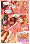 anthro bottomwear brown_hair canid canine canis cheerleader clothed clothing comic dialogue digital_media_(artwork) domestic_cat domestic_dog emily_(paddedulf) english_text felid feline felis female fur group hair mammal mouse murid murine open_mouth paddedulf rodent simple_background smile speech_bubble tail text topwear white_body white_fur