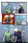 anthro biped blonde_hair blue_body bmbrice clothed clothing colored comic dialogue dialogue_box duo english_text female green_clothing green_eyes hair hi_res humanoid lizard male nazuret_kheilafi offscreen_character open_mouth outside reptile scalie speech_bubble supercell_(comic) tan_body text zeikauko