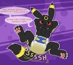 2023 3_toes anthro anthrofied biped black_body black_fur black_nose bodily_fluids chest_tuft claws clothed clothing dialogue diaper diaper_only digital_media_(artwork) eeveelution english_text feet fur fur_markings generation_2_pokemon genital_fluids hands_behind_head hi_res hindpaw looking_at_viewer male mammal markings multicolored_body multicolored_fur nintendo pawpads paws peeing pink_pawpads pokemon pokemon_(species) pokemorph pupils purple_background red_sclera ritzcat sharp_teeth signature simple_background smile soles solo sound_effects speech_bubble striped_markings striped_tail stripes tail tail_markings teeth text toe_claws toes toony topless tuft two_tone_body two_tone_fur umbreon unclean_diaper urine used_diaper wearing_diaper wet_diaper wetting yellow_body yellow_fur