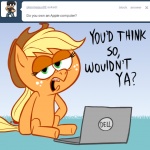 1:1 applejack_(mlp) ask_jappleack blonde_hair clothing computer cowboy_hat dell dialogue digital_media_(artwork) earth_pony electronics english_text equid equine female feral friendship_is_magic grass green_eyes hair hasbro hat headgear headwear horse hotdiggedydemon laptop mammal mane my_little_pony plant pony ponytail solo tail text tumblr