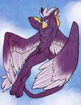 2015 anthro athletic athletic_anthro athletic_male avian beak blue_eyes feathered_wings feathers flaccid fur genitals gryphon hi_res lady_snakebite looking_at_viewer male mythological_avian mythological_creature mythology naughty_face nipple_piercing nipples nude penis piercing pinup pose purple_body purple_fur purple_penis simple_background solo tail vertigo_(character) wings ziblie