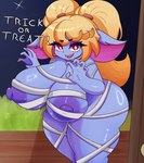 absurd_res areola bandage big_breasts blonde_hair blue_body breasts dialogue english_text eyelashes female hair halloween hi_res holidays huge_breasts kindrose league_of_legends nipples not_furry open_mouth open_smile poppy_(lol) riot_games smile solo talking_to_viewer tencent text thick_thighs trick-or-treating yordle