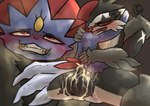 absurd_res anal_orgasm anthro balls bodily_fluids cum cum_in_ass cum_inside cum_on_chest cum_while_penetrated duo ejaculation generation_4_pokemon generation_8_pokemon genital_fluids genitals hands-free hi_res male male/male male_penetrated male_penetrating male_penetrating_male nintendo obstagoon orgasm penetration pokemon pokemon_(species) sex size_difference sousaku_san sweat weavile