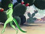 anthro bedroom_eyes breasts covering covering_breasts cross_country_detours female glancing_back herny hi_res lizard merrie_melodies narrowed_eyes nude reptile rita_skopt scalie seductive solo tex_avery undressed warner_brothers