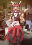 anthro big_ears blue_eyes breasts clothed clothing digital_media_(artwork) electric_guitar felid feline female fur godin_lerxst guitar hair hi_res hoodie mammal markings musical_instrument pimstacja pistacja plucked_string_instrument serval smile solo spots spotted_body spotted_fur string_instrument topwear