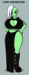 alien big_breasts boots bottomwear breasts cleavage_cutout clothed clothing cutout disney evil_grin female footwear freckles fully_clothed garabatoz green_body green_skin hi_res huge_breasts humanoid humanoid_pointy_ears lord_dominator midriff navel not_furry sharp_teeth shoes skirt smile solo teeth thick_thighs villainous wander_over_yonder