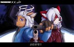 ailurid anthro black_bars capcom clothed clothing deer devil_may_cry duo fur gloves gun hair handwear hi_res letterbox male mammal panchokechup ranged_weapon red_body red_fur red_panda weapon white_hair