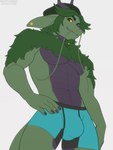 2022 3:4 anthro arm_tuft barbel_(anatomy) beanie biped clothed clothing digital_media_(artwork) dragon green_body green_eyes green_hair hair hat headgear headwear hi_res horn looking_at_viewer low-angle_view male mythological_creature mythological_scalie mythology null_(jackostar) purple_body rustymiko scalie shoulder_tuft simple_background smile solo tuft underwear underwear_only white_background yellow_sclera