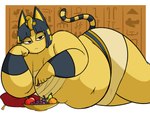 2020 animal_crossing ankha_(animal_crossing) anthro apple arm_support bandeau bangs belly belly_overhang big_belly biped blue_hair blunt_bangs bob_cut bored bottomwear breasts cleavage clothed clothing digital_drawing_(artwork) digital_media_(artwork) domestic_cat face_squish fat_arms felid feline felis female food fruit grape hair half-closed_eyes hieroglyphics holding_food holding_fruit holding_object lidded_eyes looking_at_viewer lounging lying mammal markings midnitemorty narrowed_eyes navel nintendo obese obese_anthro obese_female on_side orange_(fruit) overweight overweight_anthro overweight_female pear pillow plant portrait skirt solo squish striped_markings striped_tail stripes tail tail_markings thick_thighs topwear uraeus wide_hips wraps wristband yellow_body