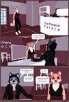 3d_(artwork) anthro canid canine canis clothed clothing comic desk dialogue digital_media_(artwork) domestic_dog duo english_text female fox furniture hi_res hotel husky lobby mammal mynka nordic_sled_dog raelynn_(mynka) spitz table text