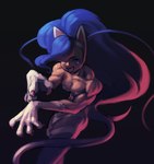 2022 absurd_res animal_humanoid big_hair black_background blue_hair breasts capcom cat_humanoid claws darkstalkers digital_media_(artwork) digital_painting_(artwork) felicia_(darkstalkers) felid felid_humanoid feline feline_humanoid female finger_claws fur hair hair_over_eye hi_res humanoid light lighting looking_aside mammal mammal_humanoid muscular muscular_female open_mouth open_smile piku184 portrait pose simple_background smile solo tail three-quarter_portrait white_body white_fur