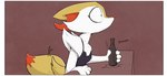 2018 alcohol anthro beverage border braixen clothed clothing comic english_text female fur generation_6_pokemon mammal nintendo onomatopoeia open_mouth pokemon pokemon_(species) shoutingisfun simple_background solo sound_effects text white_border