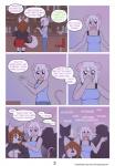 2019 5_fingers alcohol anthro audrey_(woofyrainshadow) bar beverage big_breasts biped breasts brown_hair canid canine canis claire_(woofyrainshadow) clothed clothing comic curvy_figure dialogue digital_media_(artwork) domestic_dog duo_focus english_text eye_contact female fingers flat_colors fully_clothed fur green_eyes grey_body grey_fur group hair hand_on_shoulder hi_res holding_beverage holding_object husky inside looking_at_another looking_at_viewer mammal medium_breasts mouse murid murine nervous nordic_sled_dog purple_eyes rodent shocked sitting snout speech_bubble spitz standing text url voluptuous white_hair woofyrainshadow