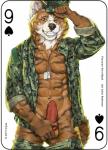 2017 akita animal_genitalia animal_penis anthro balls brown_balls canid canine canine_genitalia canine_penis canis card card_template clothed clothing copyright_symbol crotch_grab digital_media_(artwork) dog_tags domestic_dog erection fonyaa fur genitals grope hat headgear headwear knot male mammal military muscular muscular_anthro muscular_male nine_of_spades pecs penis playing_card playing_card_template simple_background smile solo spades_(suit) spitz standing suit_symbol symbol teeth undressing