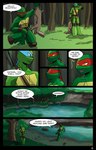 adolescent blood bodily_fluids bow_(weapon) brother_(lore) brothers_(lore) comic dialogue english_text forest hi_res hunting kerchief lake leonardo_(tmnt) momorawrr neattea outside plant ranged_weapon raphael_(tmnt) reptile scalie sibling_(lore) teenage_mutant_ninja_turtles text tree turtle weapon young