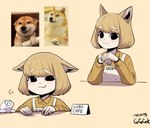 :3 absurd_res animal_ears animal_humanoid apron artist_name artist_self-insert black_eyes blonde_hair canid canid_humanoid canine canine_humanoid canis clothing collared_shirt creature_and_personification dog_ears dog_humanoid doge dogelore domestic_dog duo eyebrow_through_hair eyebrows female fingers gegegek_(gegegekman) gegegekman hair hi_res humanoid humanoidized kabosu looking_at_viewer mammal mammal_humanoid meme multiple_images multiple_poses orange_clothing orange_shirt orange_topwear personification photo_inset pose reference_image shiba_inu shiba_inu_humanoid shirt short_hair smile solo_focus spitz topwear translucent translucent_hair white_apron white_clothing