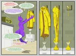 absurd_res alien anthro clothing coat comic dialogue drex_(wastelander_drex) english_text goo_creature goo_transformation goofur hi_res laboratory male morphing post-apocalyptic purple_body raincoat science scientist slime story text topwear transformation wasteland wastelander_drex wastelanders