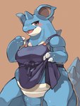 aaarkgkaaa absurd_res anthro apron apron_lift apron_only blue_body breasts claws clothed clothing clothing_lift eyelashes female generation_1_pokemon hi_res horn mostly_nude nidoqueen nintendo pokemon pokemon_(species) smile solo tail thick_thighs