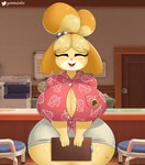 2022 absurd_res animal_crossing anthro big_breasts blush breasts canid canine canis clipboard clothed clothing detailed_background digital_media_(artwork) domestic_dog door extended_arms eyebrows eyes_closed female fingers front_view gammainks hi_res holding_clipboard holding_object huge_breasts inside isabelle_(animal_crossing) leaf_pattern leaf_print leaf_print_clothing leaf_print_shirt leaf_print_topwear mammal nintendo open_mouth open_smile pattern_clothing pattern_shirt pattern_topwear print_clothing print_shirt print_topwear shih_tzu shirt smile solo topwear toy_dog