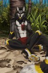 absurd_res anthro beach beverage canid canine canis footprint forest hi_res horn kartobes male mammal paws plant renki_blackwolf solo tree wolf