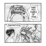 1:1 anthro baby_(soysoakedjelly) camera clothing comic dialogue domestic_pig duo gesture hair hand_gesture holding_camera holding_object human humanoid_hands male mammal monochrome photo shirt soysoakedjelly speech_bubble suid suina sus_(pig) taking_picture topwear ugo_(soysoakedjelly) v_sign