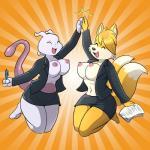 1:1 2016 anthro anthrofied areola barefoot big_breasts black_nose bottomwear breasts canid canine clothed clothing crossgender crossover digital_media_(artwork) dipstick_tail duo erect_nipples eyebrows eyelashes eyes_closed feet felid female fox fur generation_1_pokemon hair happy hi_res jacket legendary_pokemon lonbluewolf mammal markings mewtwo miles_prower multi_tail multicolored_tail navel nintendo nipples open_clothing open_jacket open_mouth open_topwear partially_clothed pokemon pokemon_(species) pokemorph raised_tail sega short_story simple_background skirt smile sonic_the_hedgehog_(series) story story_in_description suit tail tail_markings toes tongue topwear uniform white_body white_fur yellow_body yellow_fur