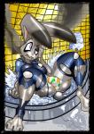 2016 absurd_res anthro big_butt breasts butt city clothed clothing comic digital_media_(artwork) disney female fight hi_res judy_hopps lagomorph leporid mammal police police_uniform rabbit saliant skimpy solo thicc-thighs thick_thighs torn_clothing unconscious underwear uniform water wet zootopia