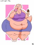 2018 3:4 3_toes 5_fingers anthro barefoot batspid2 belly big_belly big_breasts big_butt biped blue_clothing bottomwear breasts butt cel_shading claws cleavage clothed clothed_anthro clothed_female clothing crop_top denim denim_bottomwear denim_clothing denim_shorts dessert digital_drawing_(artwork) digital_media_(artwork) eating english_text eyebrows eyelashes feet female fingers food frill_(anatomy) front_view full-length_portrait geometric_background head_crest head_frill holding_food holding_object huge_butt huge_hips huge_thighs hyper hyper_thighs ice_cream juna_(batspid2) lizard looking_at_food looking_at_object love_handles membrane_(anatomy) membranous_frill midriff morbidly_obese navel non-mammal_breasts obese obese_anthro obese_female overweight overweight_anthro overweight_female pink_body pink_scales portrait purple_clothing purple_eyes reptile scales scalie shaded shirt shorts signature simple_background solo standing tail text thick_thighs three-quarter_view toe_claws toes tongue topwear wide_hips