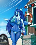 2023 4:5 anthro beach belly bikini blue_body blue_hair blue_wings breasts claws clothing cloud crossgender day detailed_background digital_media_(artwork) english_text female finger_claws generation_3_pokemon gesture hair hand_gesture hi_res latiar latios laurel_misora legendary_pokemon long_hair looking_at_viewer navel nintendo open_mouth outside pokemon pokemon_(species) pokemorph price pupils sand scenery sea shadow sky solo standing swimwear teeth text tongue two-piece_swimsuit v_sign water white_sclera white_text wings yellow_eyes yellow_text