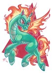 2023 asian_mythology bananameteor chinese_mythology cloven_hooves dragon east_asian_mythology female feral fire flaming_hair flaming_tail flaming_wings full-length_portrait green_body green_hooves green_scales hi_res hooves hybrid longma mythological_creature mythological_equine mythological_scalie mythology portrait pseudo_hair pupils quadruped red_eyes scales scalie signature slit_pupils smile solo tail them's_fightin'_herds tianhuo_(tfh) traditional_media_(artwork) unusual_anatomy unusual_wings wings