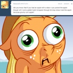 1:1 applejack_(mlp) ask_jappleack blonde_hair clothing earth_pony english_text equid equine female friendship_is_magic green_eyes hair hasbro hat headgear headwear horse hotdiggedydemon mammal my_little_pony pony solo text tumblr what