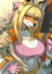 2024 akai_hime_(wild_assault) anthro belt big_breasts blonde_hair blush blushing_at_viewer bra breasts buxom canid canine cleavage clothed clothed_anthro clothed_female clothing collar combat_cat_studio female fingerless_gloves fox gloves gun hair hand_on_hip handwear headgear heart_clothing heart_symbol heterochromia hi_res holding_gun holding_object holding_ranged_weapon holding_weapon jacket jacket_vest looking_at_viewer mammal midriff navel powree ranged_weapon signature smile smiling_at_viewer solo topwear underwear vest weapon wild_assault