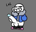 bone clothed clothing eyes_closed genitals hand_on_penis humanoid low_res lowered_pants male penis sans_(undertale) simple_background skeleton smile solo text tunemon undertale undertale_(series) white_body