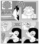 absurd_res adam_(parttimeyeen) anthro bandage big_muscles blush body_hair bovid caprine chest_hair clothing comic crocodile crocodilian crocodylid desk dialogue electronics english_text eyewear furniture gabriel_(parttimeyeen) glasses goat group hi_res huge_muscles jacket lizard male mammal monochrome muscular muscular_anthro muscular_arms muscular_male news news_report parttimeyeen_(artist) profanity reptile scalie shirt table television text tight_clothing topwear