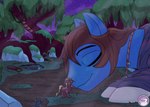 absurd_res adrenaline_rush clothing difference equid equine everfree fan_character female forest friendship_is_magic fungus goodnight hasbro hi_res hoodie horse hug hyperchibiabsol macro male mammal mushroom my_little_pony night nuzzling plant pond pony scavengeseek size size_difference topwear tree