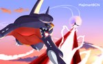 16:10 ambiguous_gender artist_name attack blue_body cloud colored countershading duo feral garchomp generation_4_pokemon hi_res hyper_beam laser majimartbcn nintendo pokemon pokemon_(species) purple_body red_body red_countershading shaded simple_background widescreen