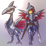 1:1 alternate_species armor avian bird cosplay duo feral generation_2_pokemon hair hitec human humanized male mammal melee_weapon metallic_body nintendo pink_hair pokemon pokemon_(species) skarmory sword weapon wings