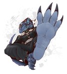 anthro blue_body claws clothed clothing dragon feet foot_fetish foot_focus hi_res hindpaw imoogi_(ilovefeetandpaw) kredri male membrane_(anatomy) mythological_creature mythological_scalie mythology paws scalie soles solo suit toes wrinkled_feet wrinkles