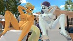 16:9 3d_(artwork) anthro anthrofied anthroponiessfm anus applejack_(mlp) barefoot big_breasts biped blonde_hair breasts coloratura_(mlp) digital_media_(artwork) duo equid equine eyelashes feet female friendship_is_magic genitals hair hasbro hi_res humanoid_feet looking_at_viewer mammal my_little_pony nipples nude orange_body outside plantigrade pupils pussy soles swimming_pool thick_thighs toes widescreen