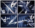 abstract_background absurd_res ambiguous_gender animal_humanoid arthropod arthropod_humanoid azura_inalis black_body black_eyes black_skin cape clothed clothing comic dialogue duo empty_eyes english_text exclamation_point featureless_feet feet fight hi_res hollow_knight hollow_knight_(character) humanoid insect insect_humanoid male melee_weapon mouthless nail_(weapon) pure_vessel_(hollow_knight) shocked surprise team_cherry text the_knight_(hollow_knight) translated vessel_(species) weapon