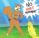 anthro biped bottomwear breasts brown_body brown_fur butt clothed clothing dialogue female fur genitals male mammal meme nickelodeon no_nut_november penis presenting presenting_hindquarters profannytea rodent sandy's_treedome sandy_cheeks sciurid skirt spongebob_squarepants spongebob_squarepants_(character) standing tree_squirrel vein veiny_penis