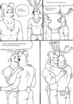 2023 5_fingers anthro anthro_on_anthro antlers bernielover bernielover's_college_au blush bovid caprine clothed clothing comic deer devon_(bernielover) dialogue duo english_text fingers fur hi_res horn hug humanoid_hands male male/male mammal markings monochrome muscular muscular_anthro muscular_male shirt smile speech_bubble spots spotted_body spotted_fur tail tail_motion tailwag text topwear whitney_(bernielover)