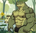 abs absurd_res alligator alligatorid anthro areola biceps biped bulge claws clothed clothing countershade_face countershade_tail countershade_torso countershading crocodilian darknaigart english_text fingers green_body group hi_res lily_pad male muscular muscular_anthro muscular_male nipples non-mammal_nipples partially_submerged pecs plant reptile scalie tail text topless topless_anthro topless_male tree trio water