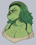 2024 annoyed anthro artist_name baryonyx big_breasts blush blush_lines breasts bust_portrait cavemanon_studios cleavage clothed clothing collarbone colored dinosaur exposed_shoulder female freckled_breasts freckled_face freckled_shoulders freckles furrowed_brow green_hair grey_eyes hair i_wani_hug_that_gator long_hair looking_at_viewer non-mammal_breasts olivia_halford portrait prehistoric_species reptile scalie solo spinosaurid tendocake theropod yellow_sclera